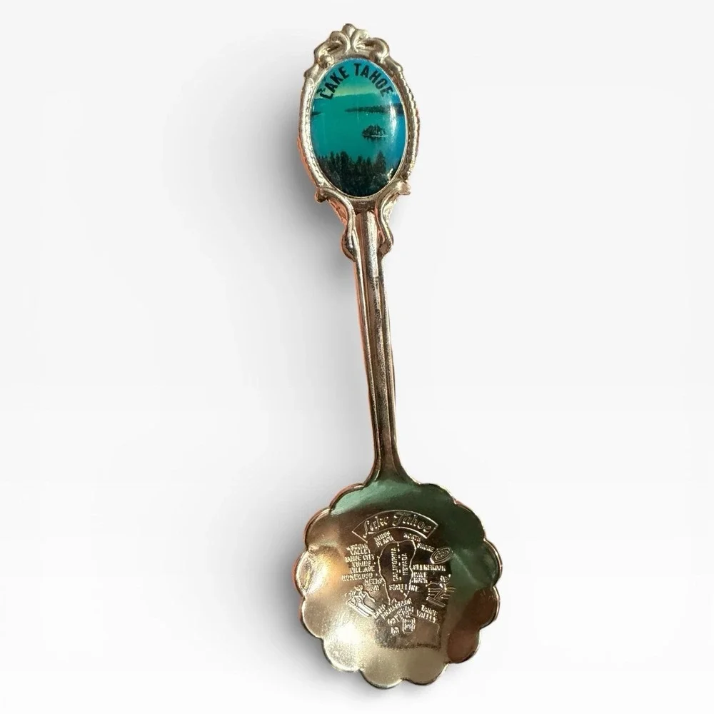 Vintage‎ Lake Tahoe Souvenir Spoon Enameled Scenic Top Map Scalloped Bowl USA